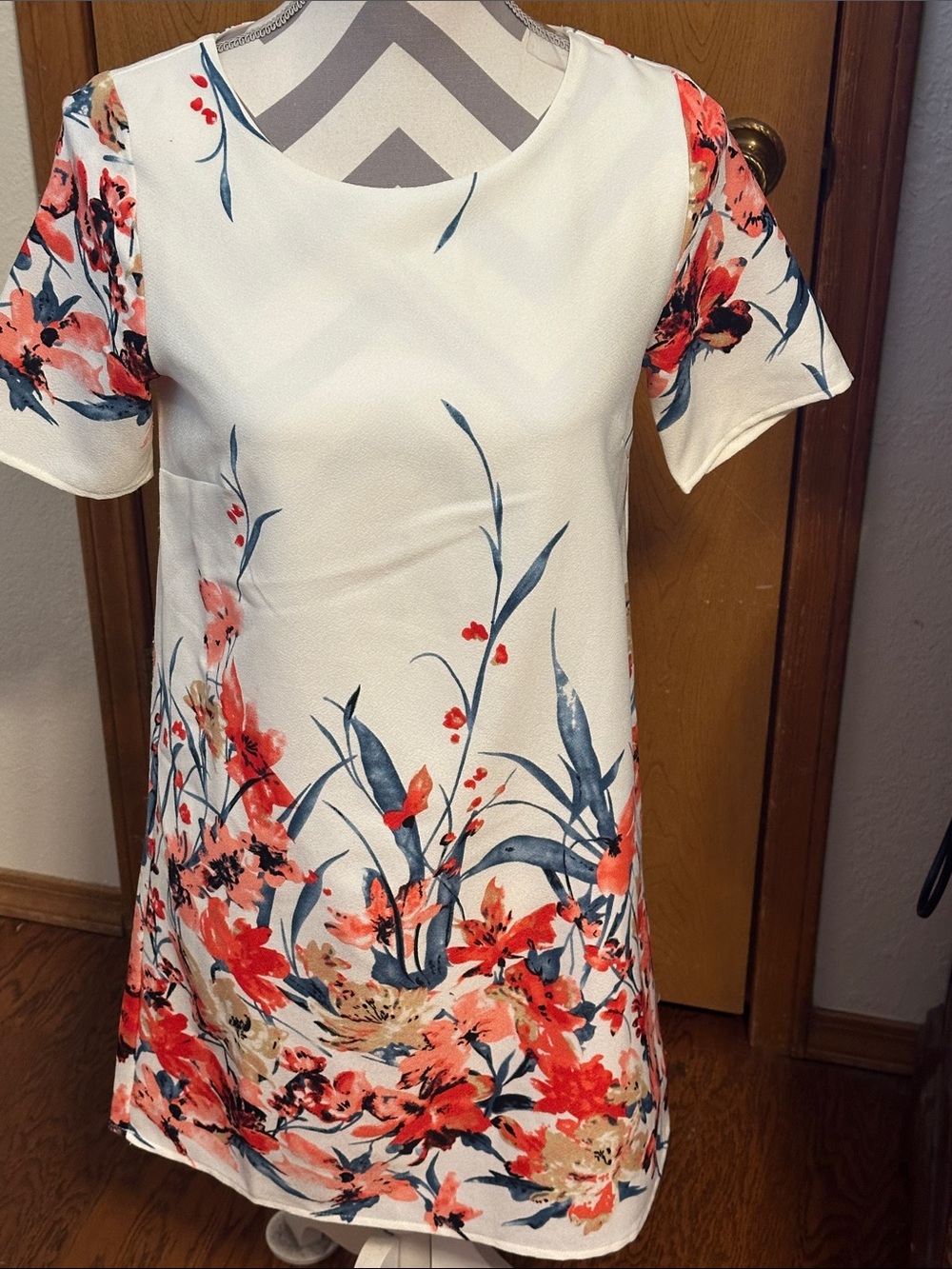 Peppermint White Dress with Coral & Navy Floral Print